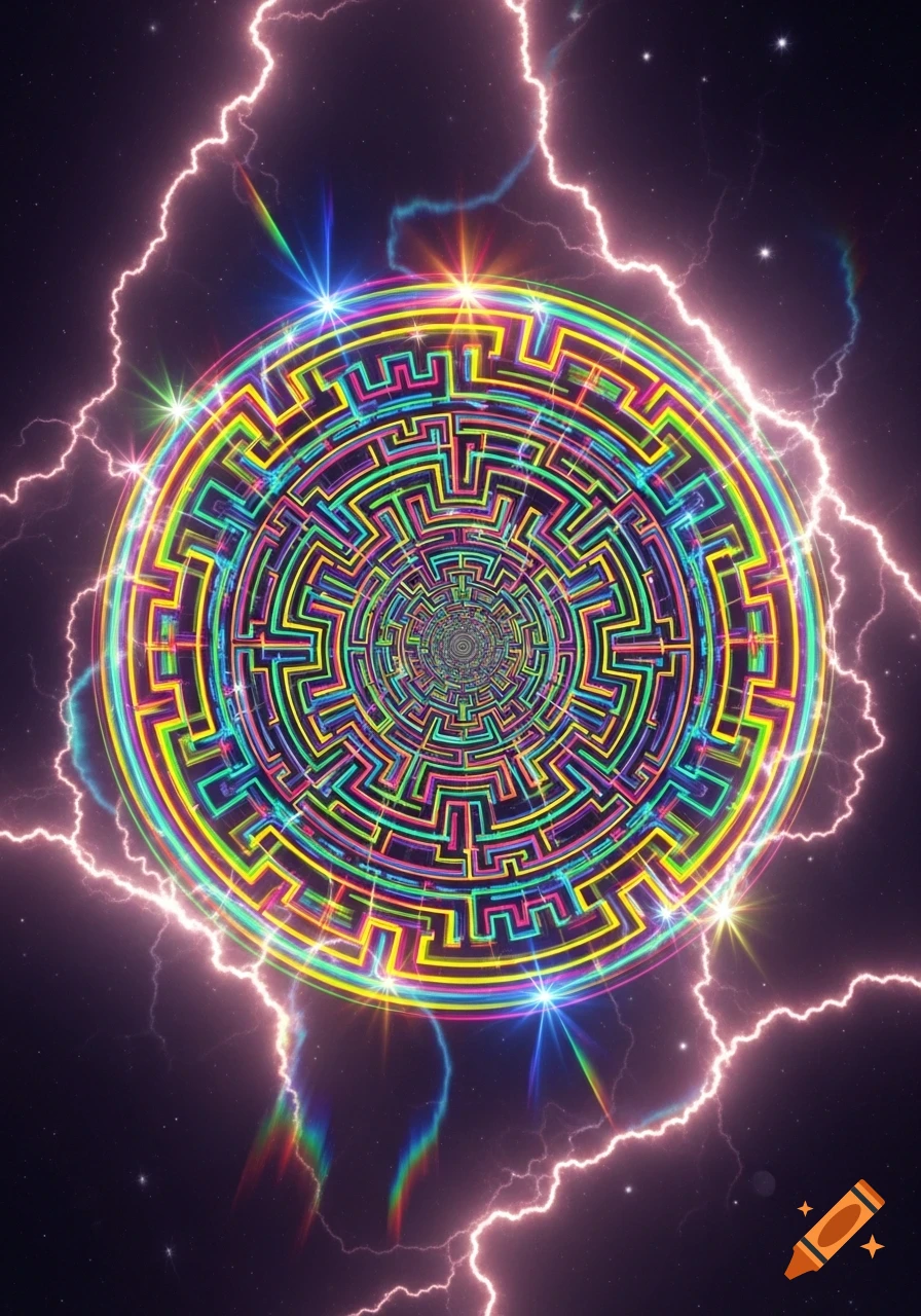 A vibrant, neon-colored circular maze mandala with lightning bolts in a dark, starry sky, in a psychedelic 1980s style.