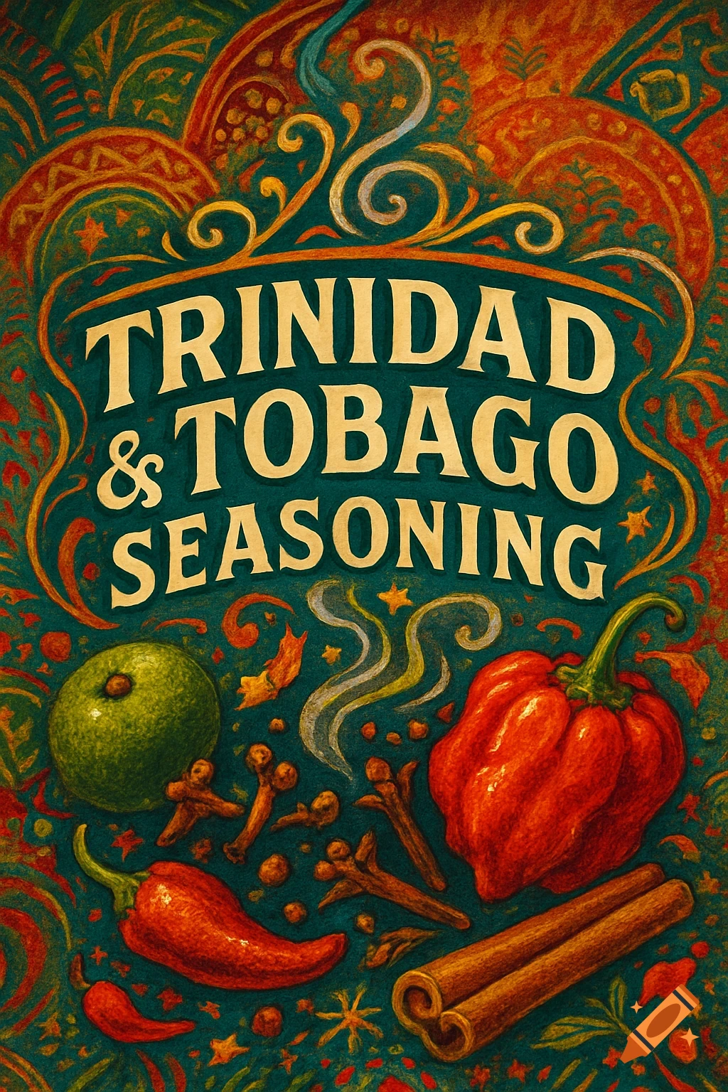 Vibrant, textured illustration of 'Trinidad & Tobago Seasoning' with red peppers, green fruit, cloves, and cinnamon sticks on a teal background.