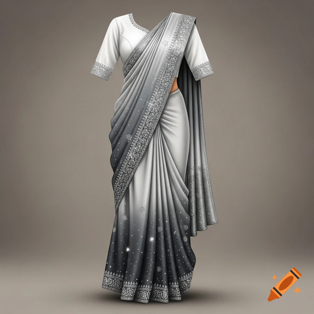 A gray and white sari with intricate silver traditional patterns and a white blouse, set against a taupe background.