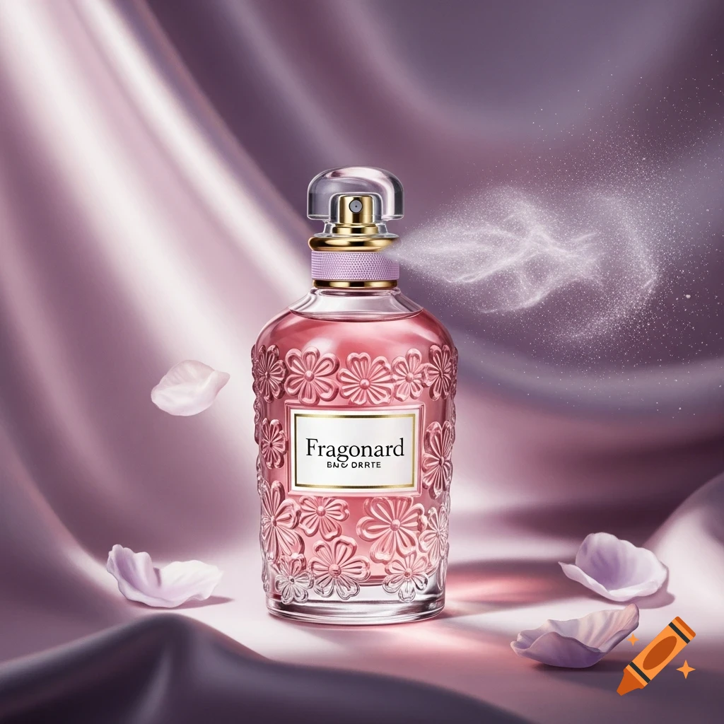 A pink perfume bottle with floral engravings sprays a fine mist, set against a shimmering purple silk background with floating petals.