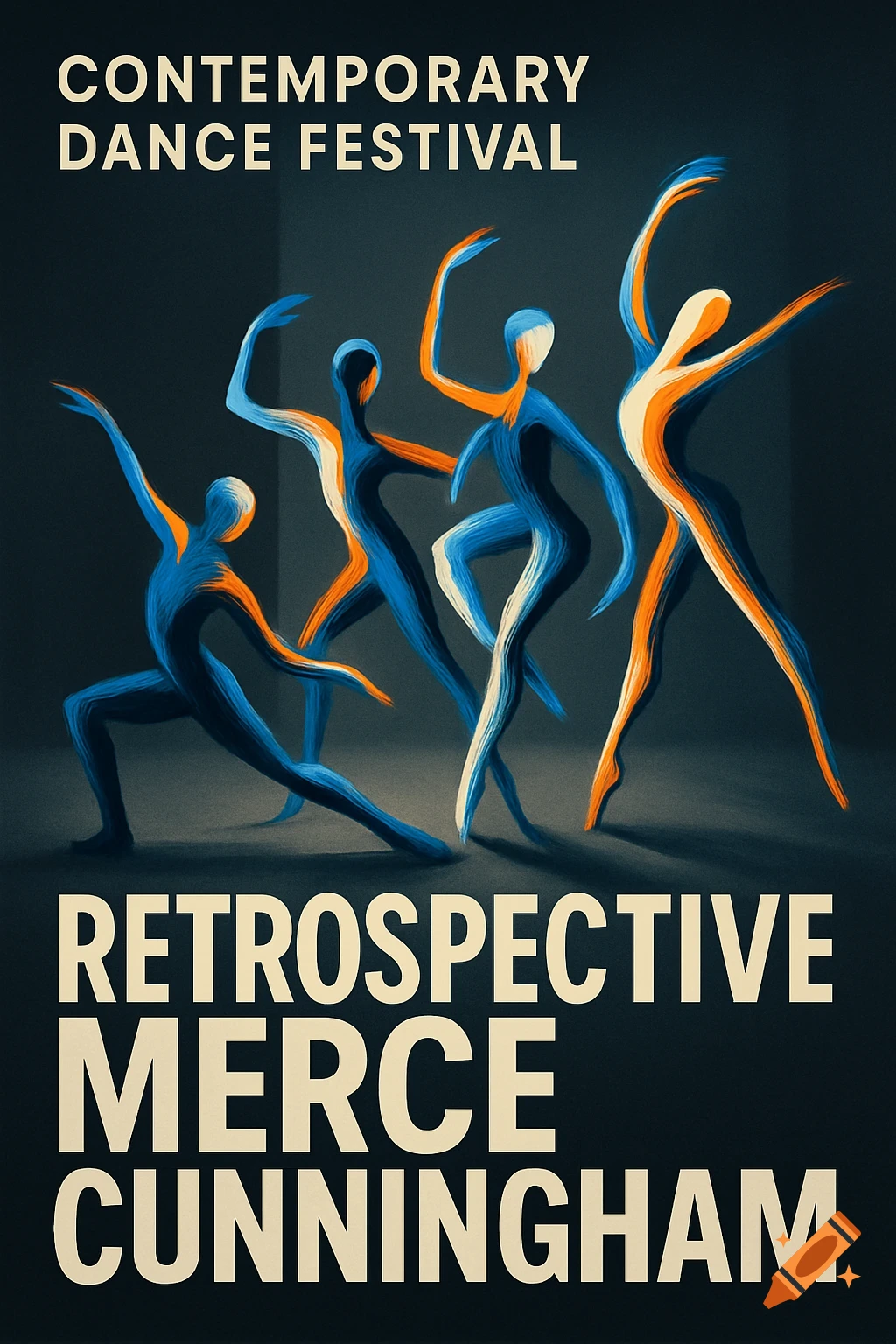 A dark poster featuring abstract figures of dancers in dynamic poses, with text 'Contemporary Dance Festival Retrospective Merce Cunningham'.