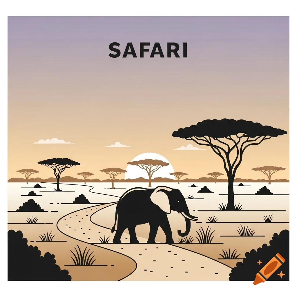 A simplified drawing of an elephant walking on a path in a safari landscape with acacia trees under a setting sun.