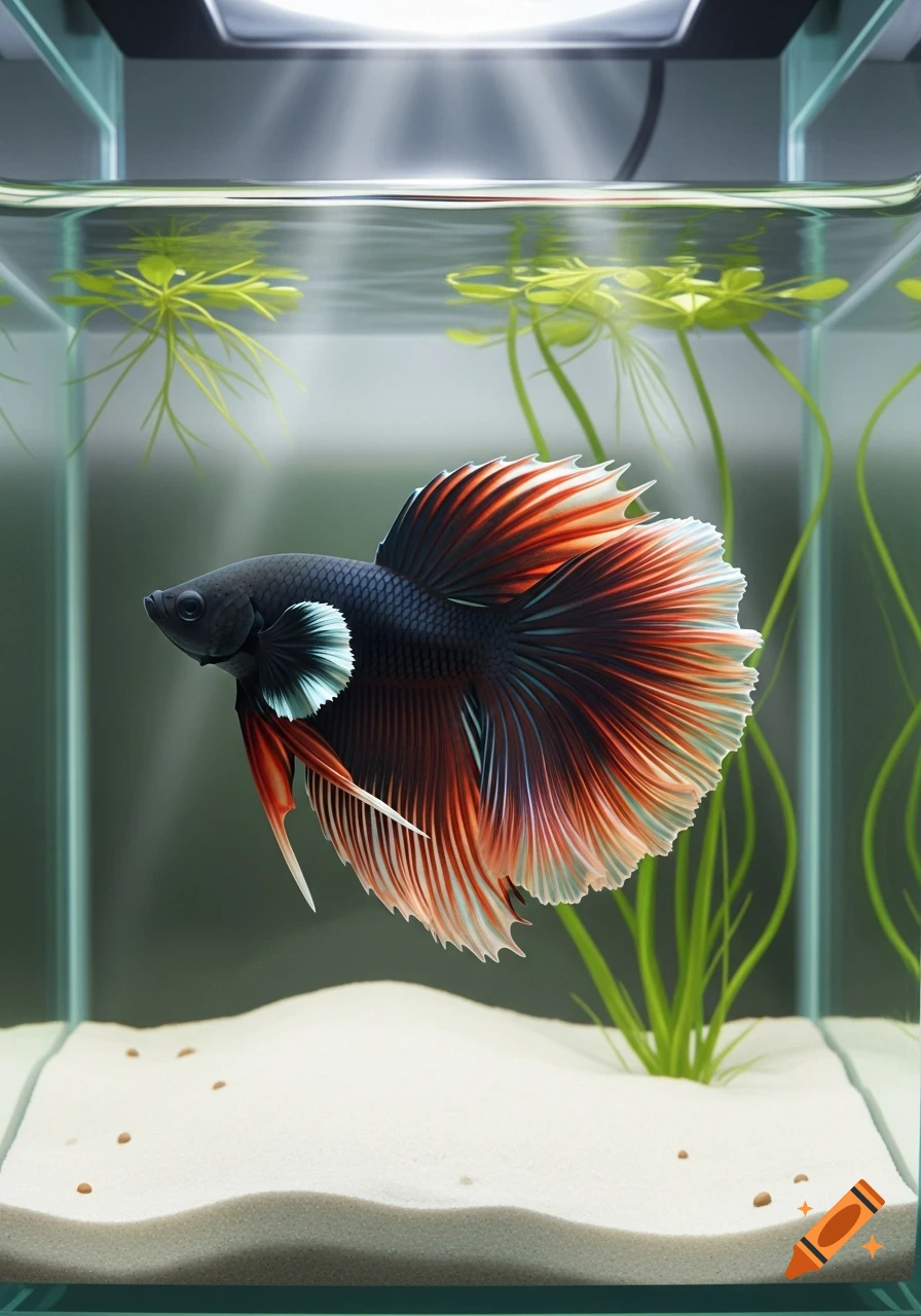 A photorealistic image of a dark-bodied betta fish with vibrant red and orange fins swimming in a clear aquarium with white sand and green plants.