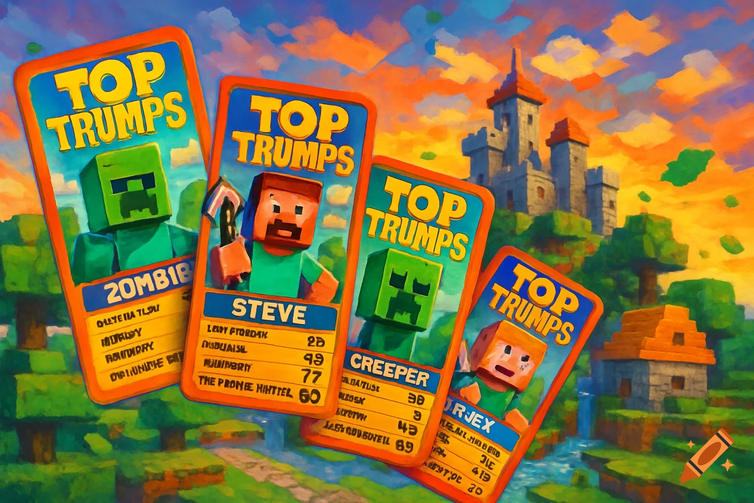 Four colorful Minecraft-themed Top Trumps cards featuring Zombie, Steve, and Creeper, set against a vibrant, painterly Minecraft landscape with a castle and village.