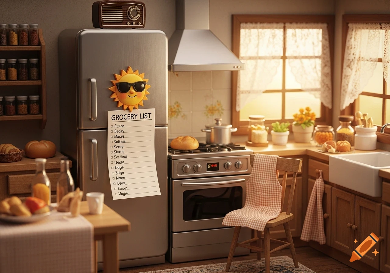 A warm, bright kitchen scene with a refrigerator, stove, and sink. A yellow sun magnet and grocery list are on the fridge.