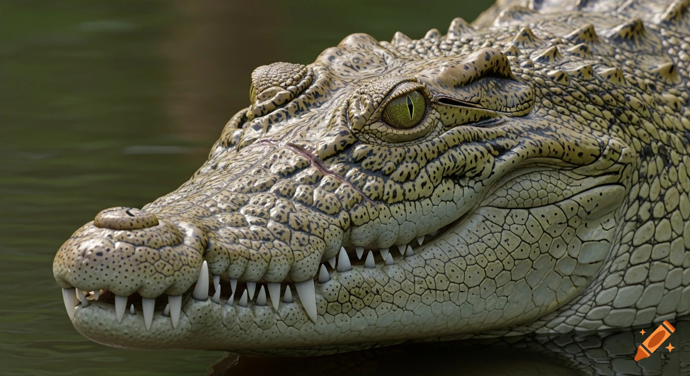 Close-up of a Nile crocodile's head, showing detailed scales, sharp green eye, and teeth in a photorealistic style.