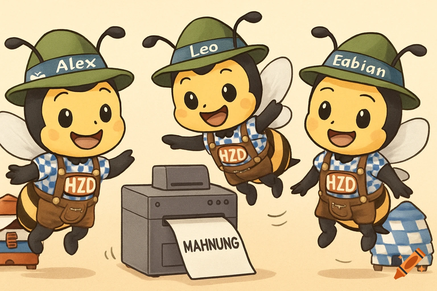 Three cheerful chibi bees in Bavarian outfits and hats with names Alex, Leo, and Fabian, surround a printer emitting a paper with "MAHNUNG" written on it. Two beehives are in the background.