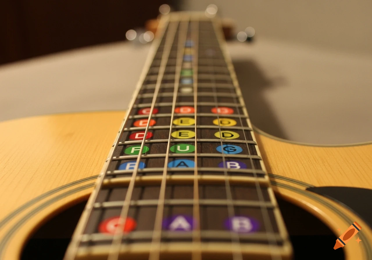 Close-up, low-angle photo of an acoustic guitar fretboard with colorful circular note stickers indicating C, E, F, G, A, B.