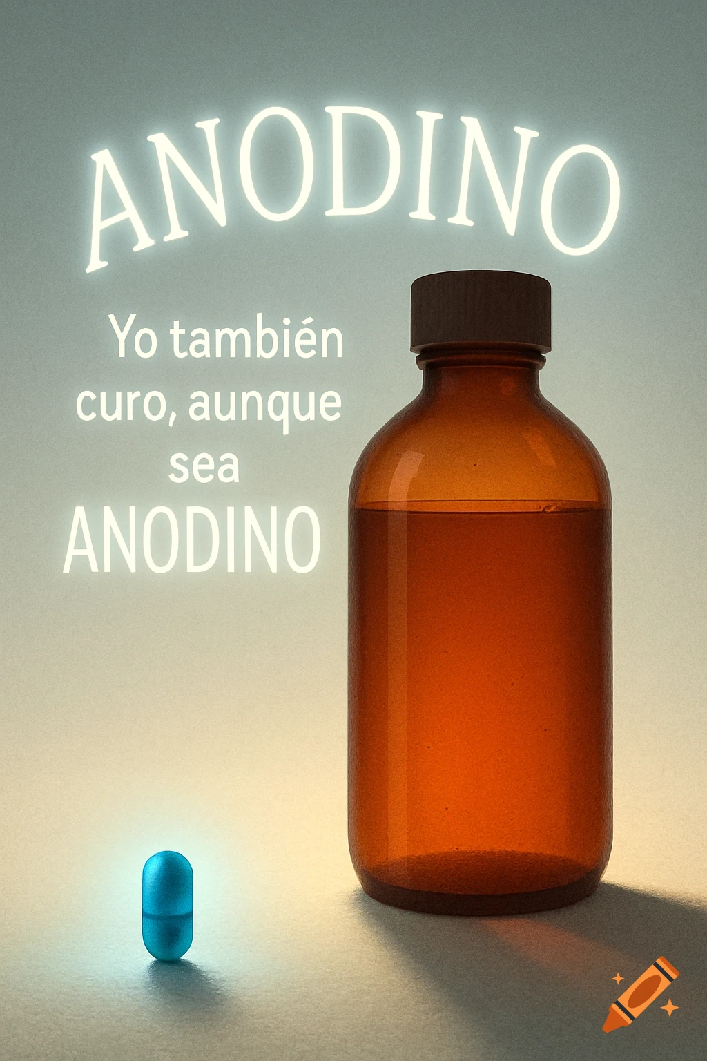 A tiny glowing blue pill next to a large amber syrup bottle. Spanish text reads 'ANODINO' and 'Yo también curo, aunque sea ANODINO'.