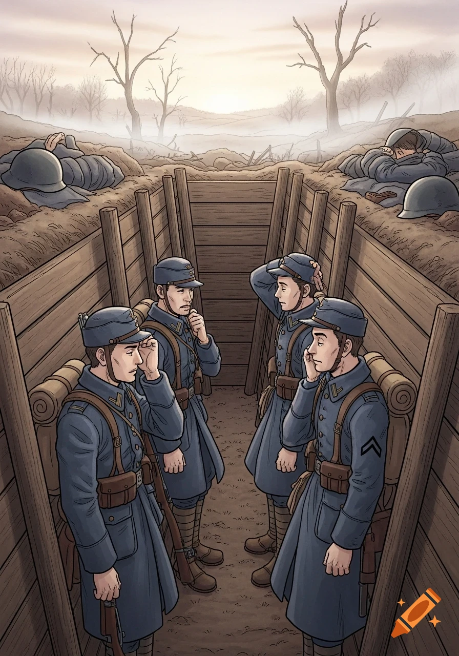 Manga illustration of WWI French soldiers in a trench, with sleeping ...