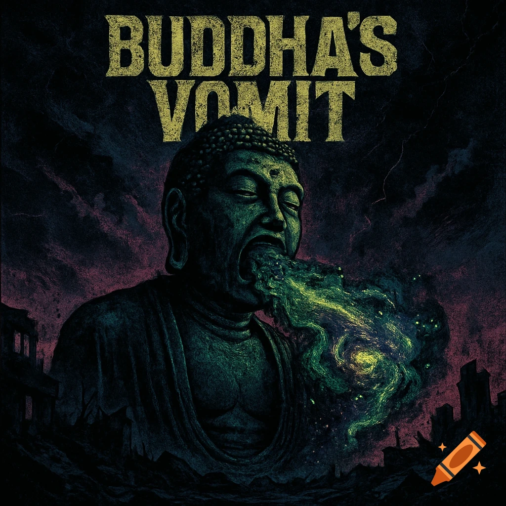 A dark, grunge-style album cover depicts a green Buddha statue vomiting a swirling, cosmic, toxic-green substance into an apocalyptic landscape. Text reads "BUDDHA'S VOMIT".
