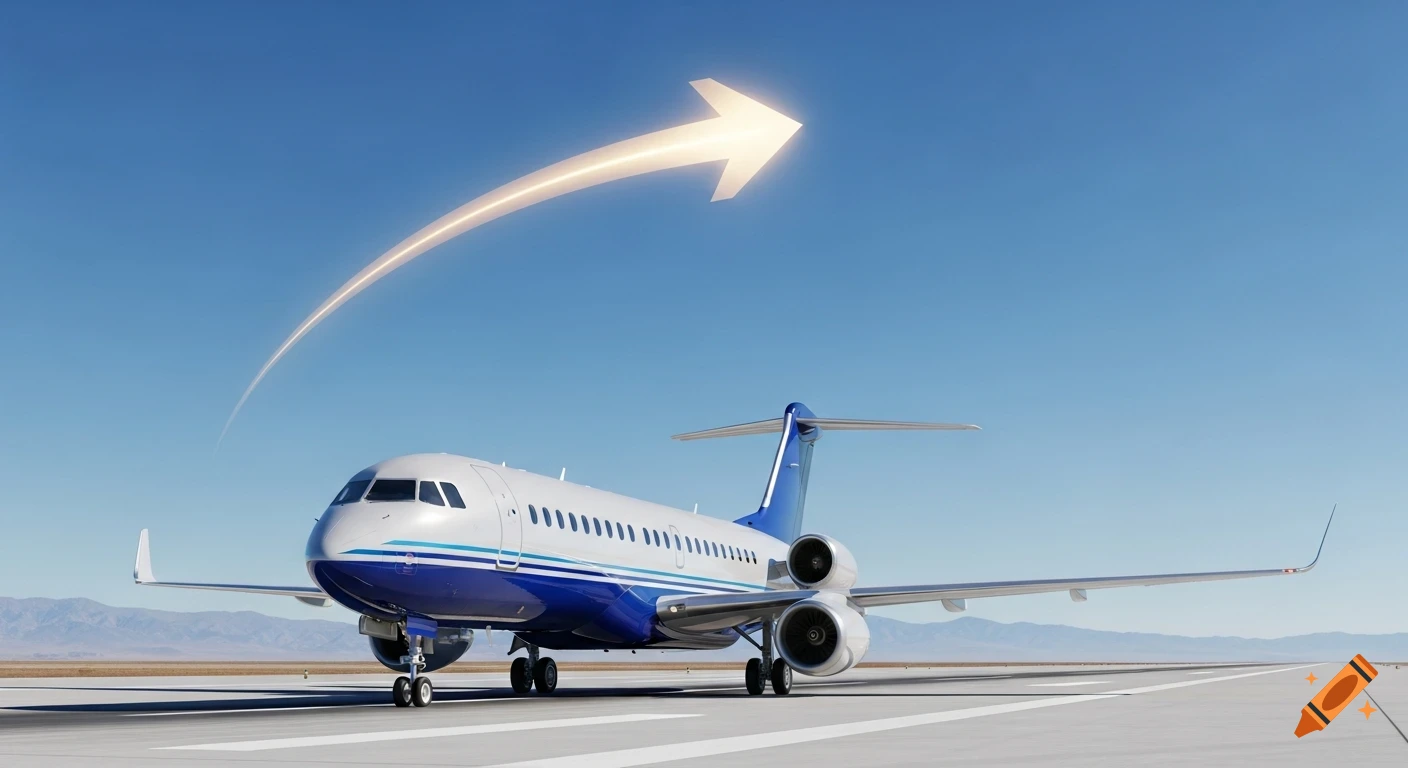 A photorealistic image of a white and blue twin-engine commercial airplane on a runway, with a glowing arrow arcing in the clear blue sky indicating its flight path.