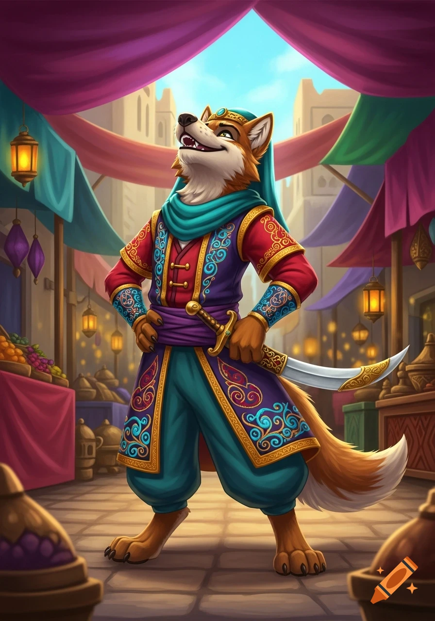 A cartoon anthropomorphic wolf in a vibrant fantasy Persian costume, including a turban and sword, smiles in a bustling market.