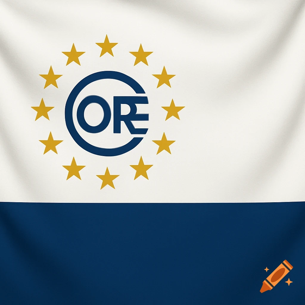 A flag with a white top and blue bottom stripe, featuring a blue circle with 'ORE' text surrounded by golden stars in the top left.