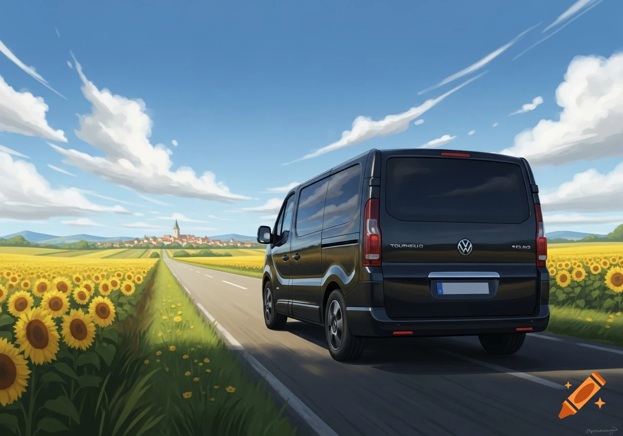 Illustration of a black van driving away on a road through fields of sunflowers towards a distant town under a blue sky.