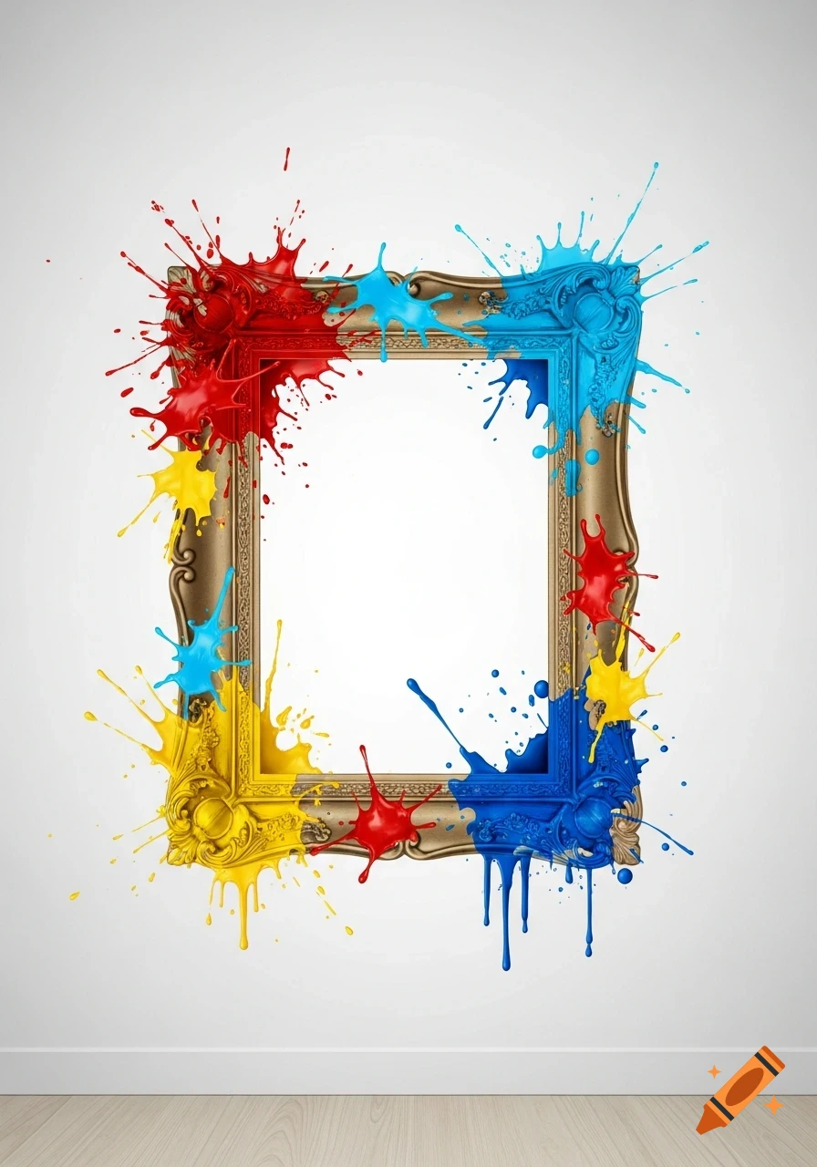 An ornate golden picture frame with red, blue, and yellow paint splatters against a light grey wall and wood floor.