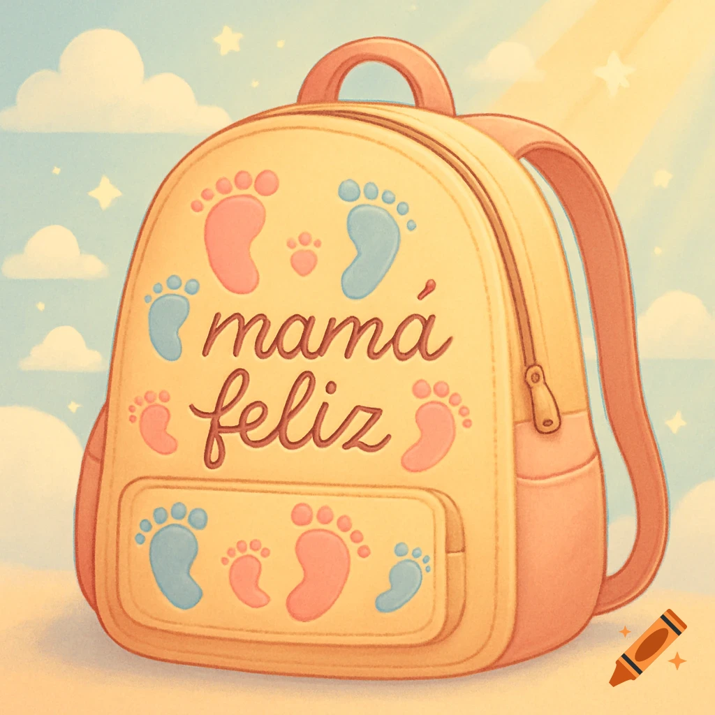 A cheerful cartoon illustration of a light orange backpack decorated with pink and blue baby footprints and the text "mama feliz" (happy mom) against a soft blue sky.