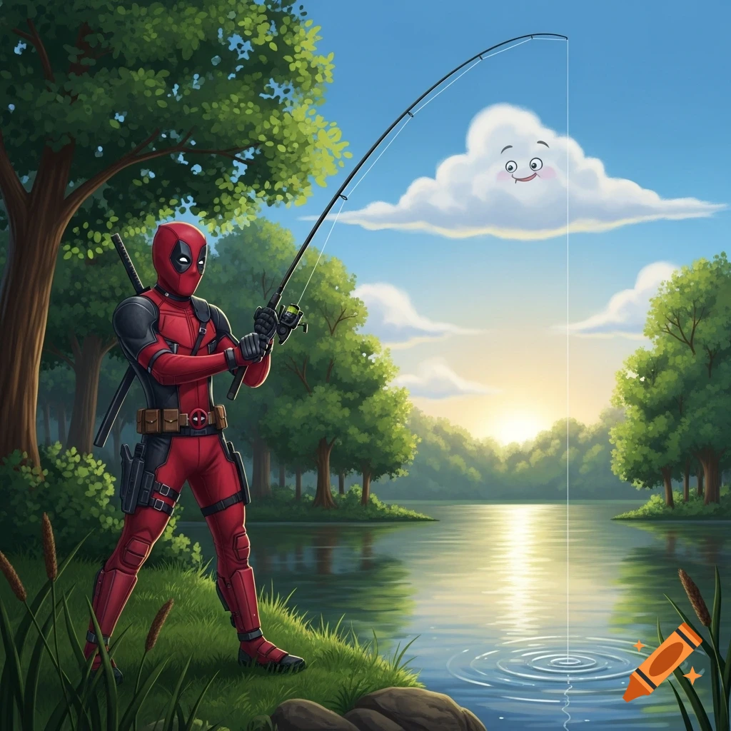 Cartoon Deadpool fishing in a lake with a happy cloud in the sky at sunset.
