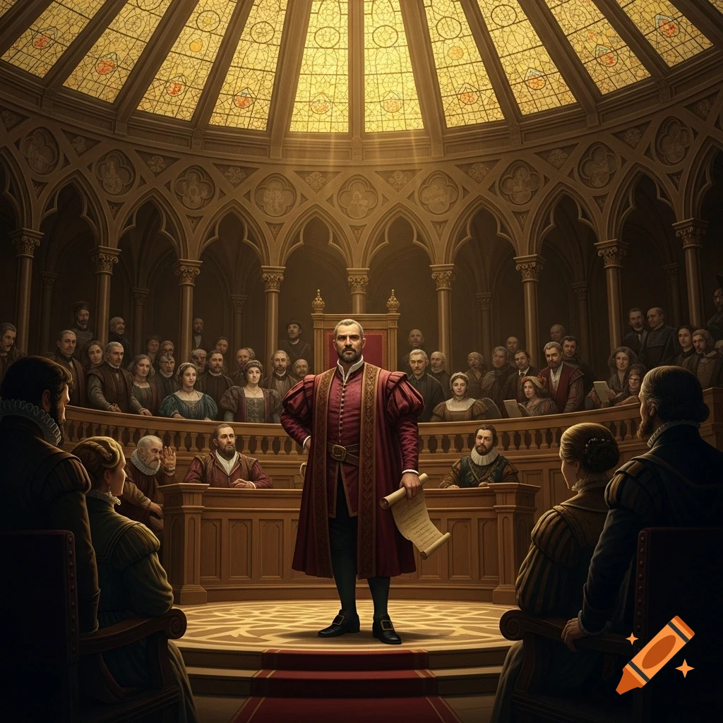 A man in a red tunic stands on a podium addressing a crowd in a grand Renaissance-style court with a stained glass dome.