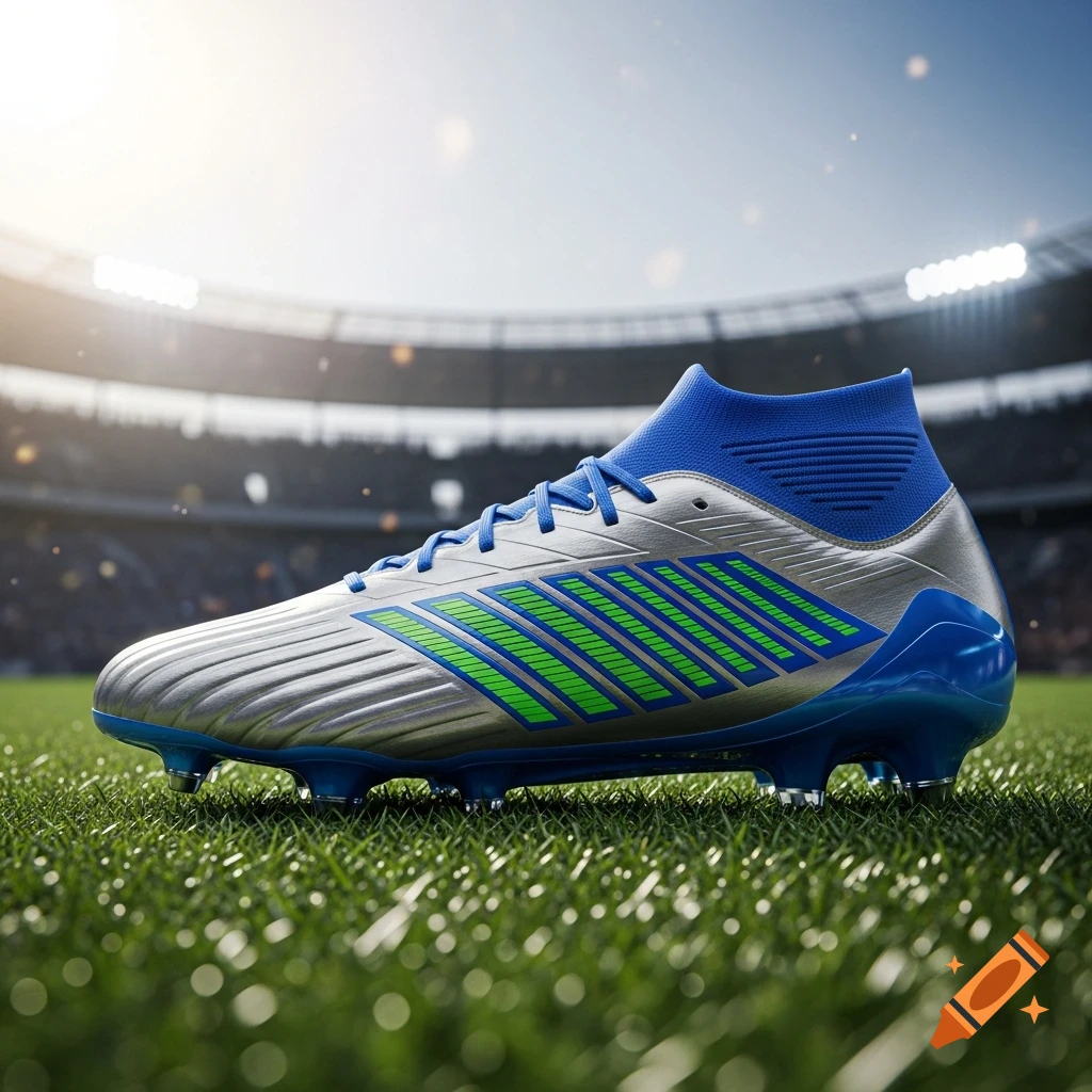 A close-up, photorealistic image of a silver and blue soccer cleat with green stripes, on a grassy field in a stadium.