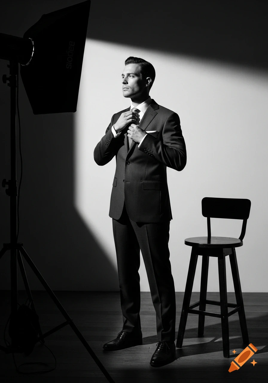 Black and white studio portrait of a man in a classic tailored suit, adjusting his tie under strong side lighting, next to a stool.