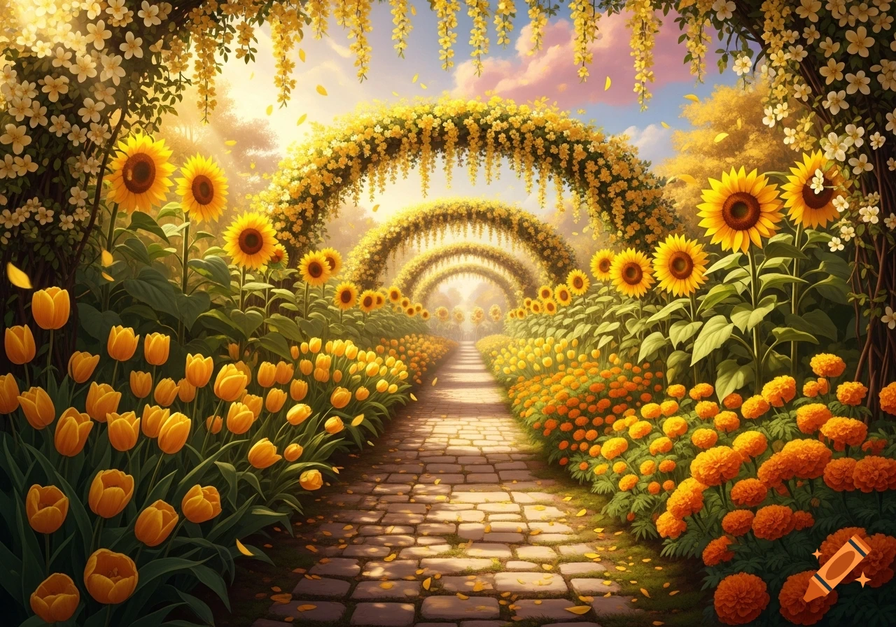A sunlit garden path lined with yellow tulips, marigolds, and sunflowers under archways of golden flowers.