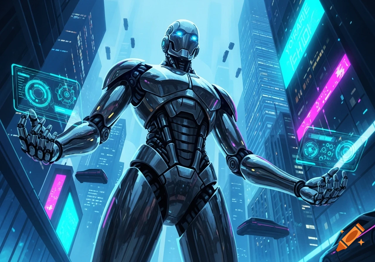 A metallic robot with glowing blue eyes stands in a futuristic city ...