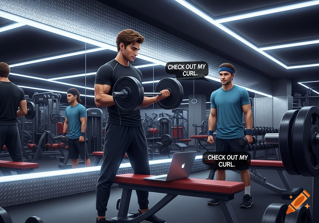 Two men in a modern gym, one doing barbell curls and another standing by, both with speech bubbles saying 'Check out my curl'.