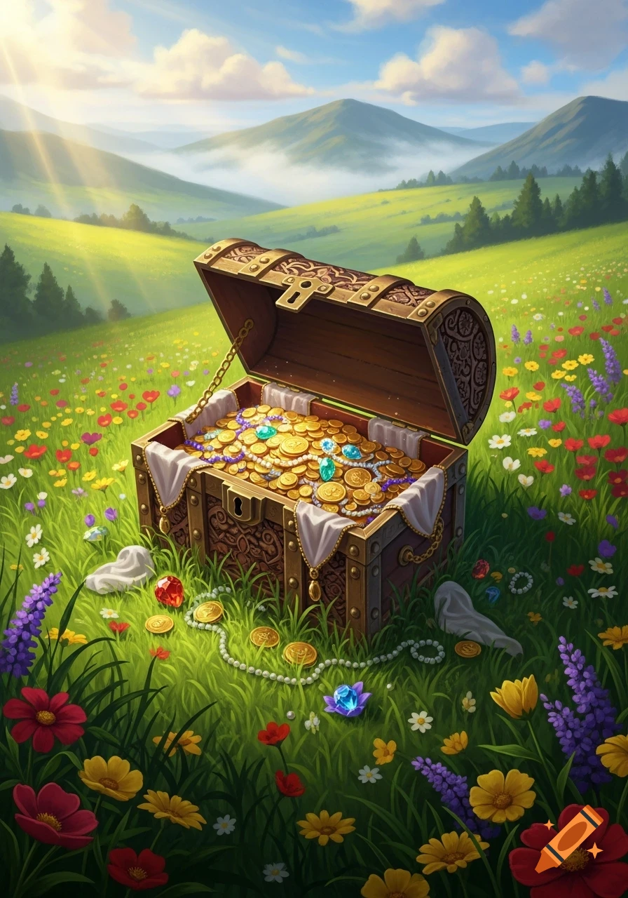 A detailed treasure chest filled with gold, pearls, and jewels sits in a vibrant meadow of colorful wildflowers under a bright sky.