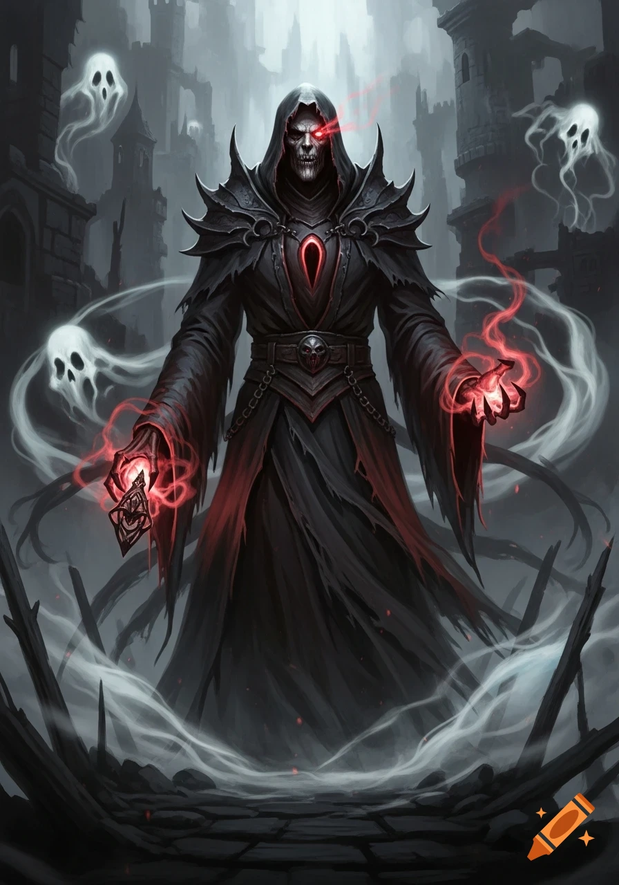 A skeletal dark lord in black robes with glowing red eyes and hands, surrounded by ghosts in a ruined castle, dark fantasy style.