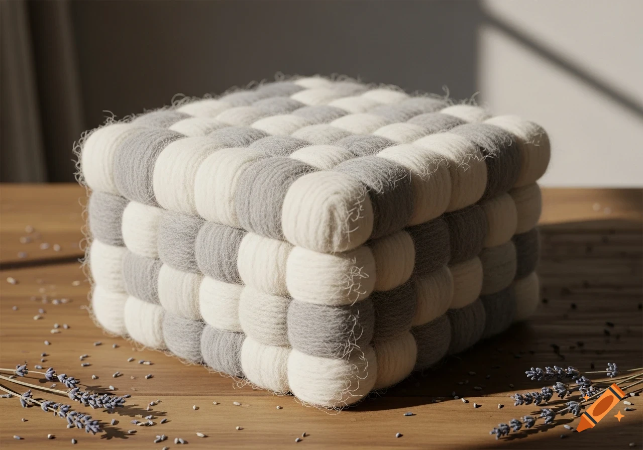 A box woven from chunky white and gray sheep wool, sitting on a wooden table with scattered lavender sprigs.