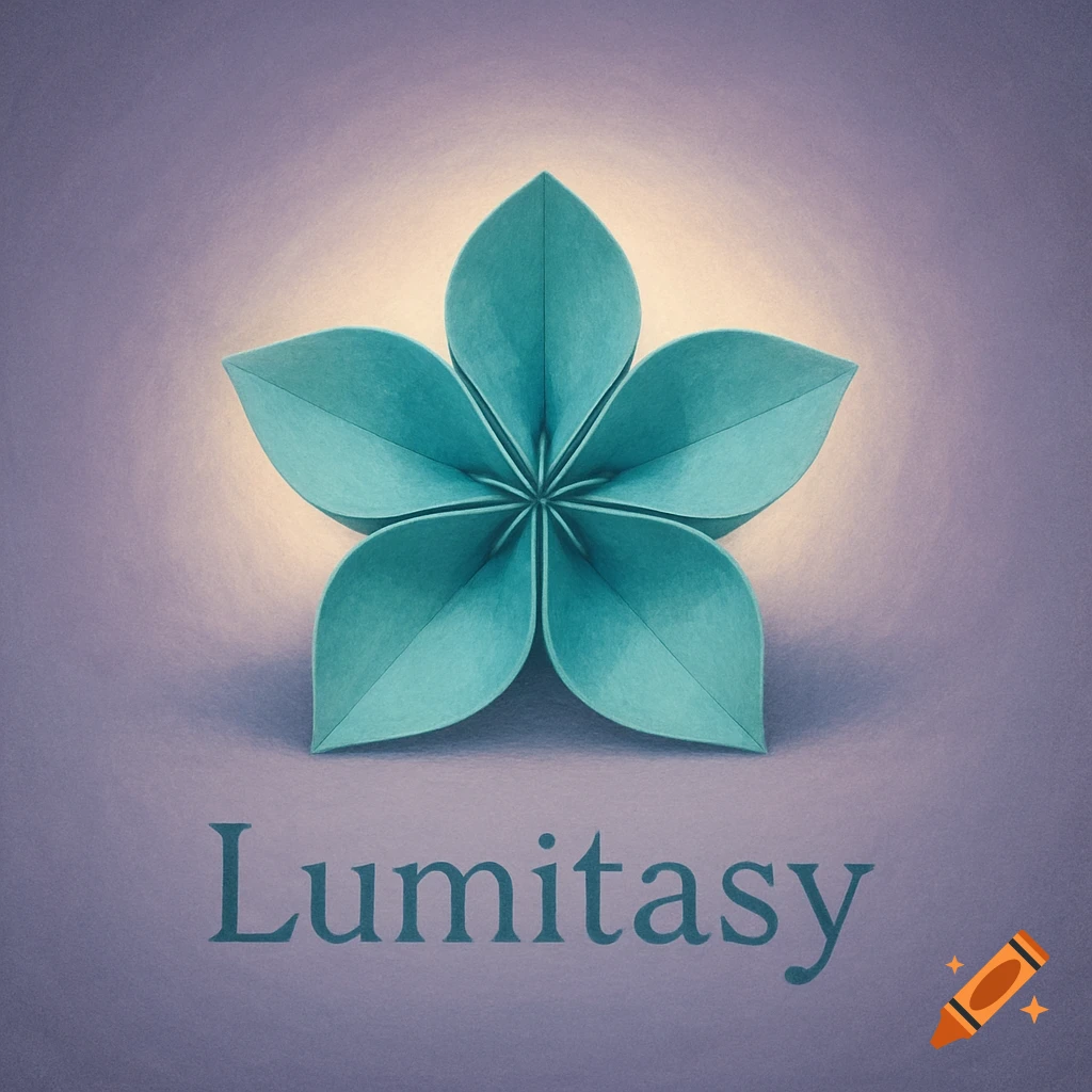 A teal five-petal origami flower with a glowing halo on a purple background, with 'Lumitasy' text.