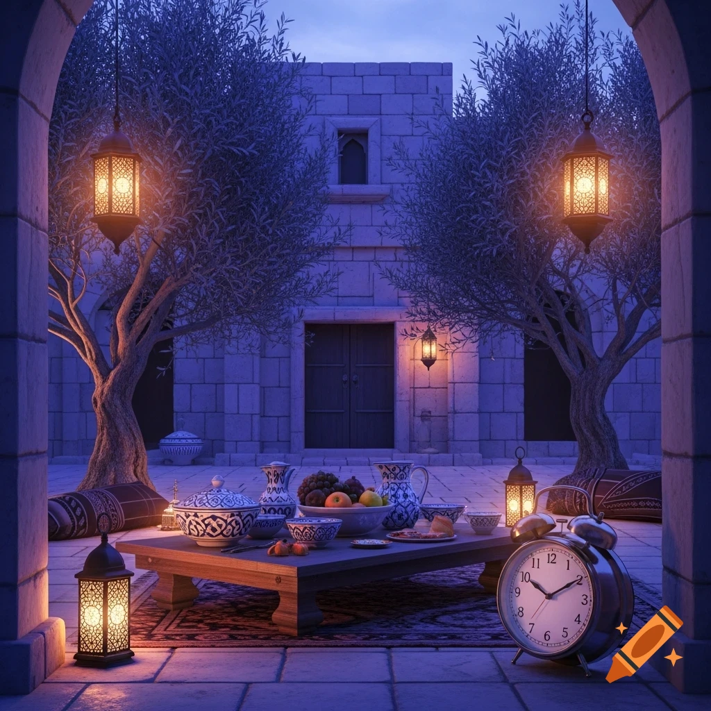 A serene courtyard at dusk with traditional lanterns, a stone building, olive trees, and a table with food and an alarm clock.