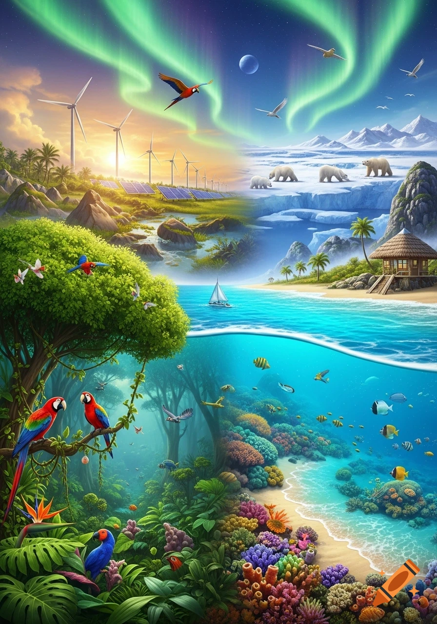 A vibrant, stylized collage depicting diverse global ecosystems, including polar, tropical, and underwater scenes, with renewable energy sources.