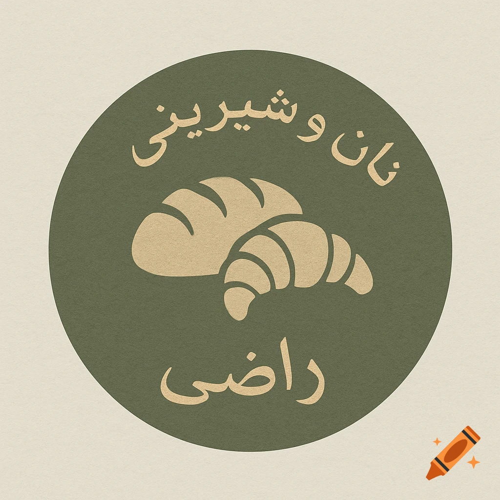 Green circular bakery logo with a bread loaf and a croissant, and the text "نان و شیرینی راضی" (Bread and Pastry Razi) in Arabic.