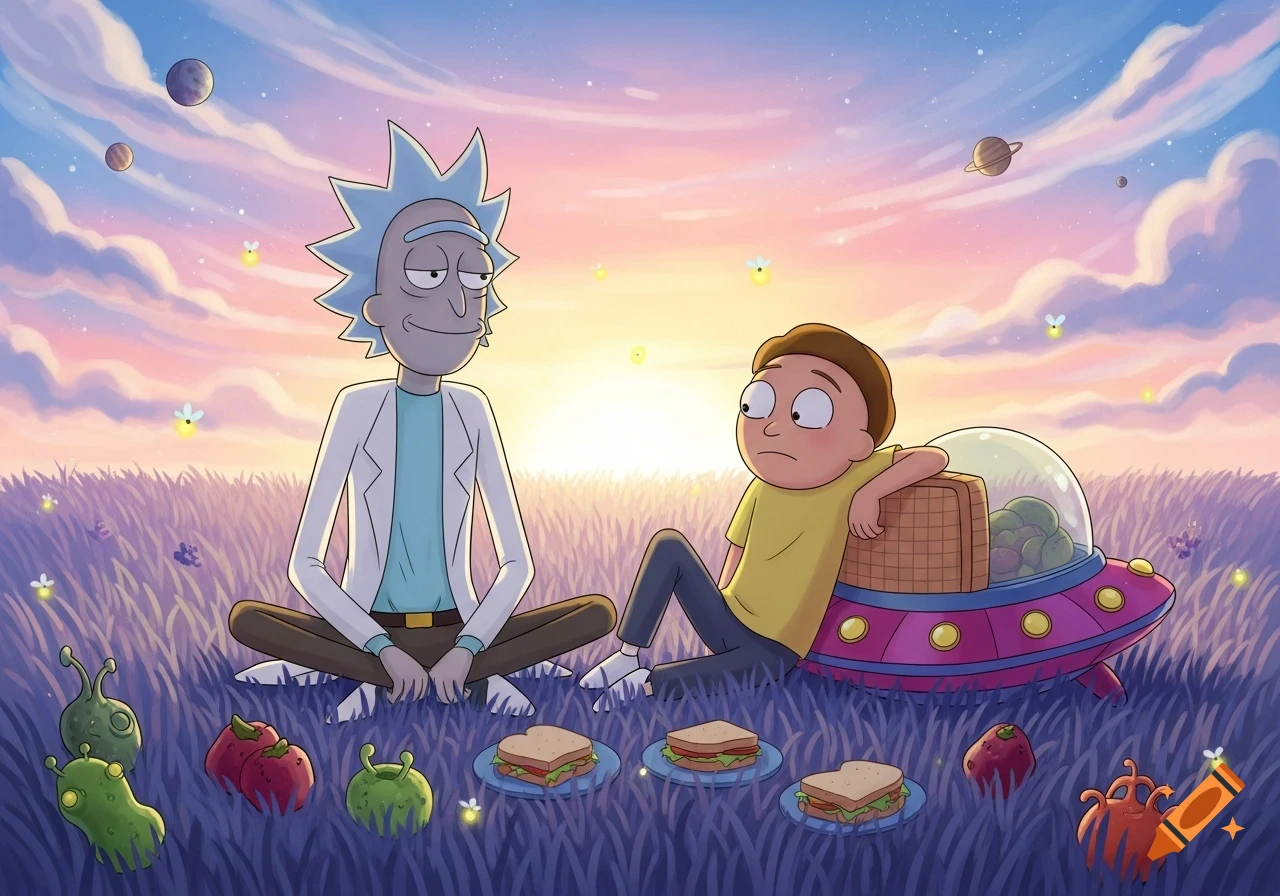 Cartoon of Rick and Morty having a picnic in a purple grassy field with alien creatures under a sunset sky with planets.