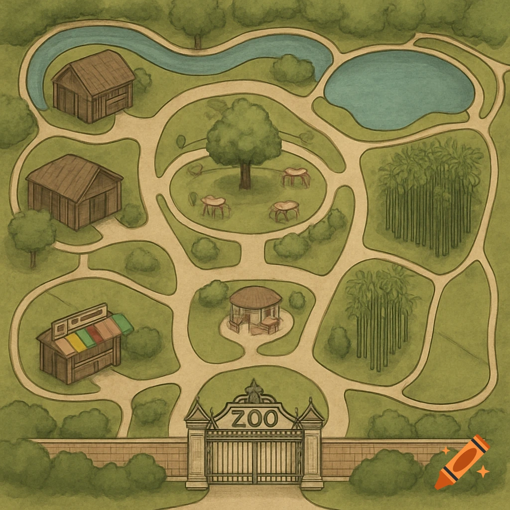 An overhead, stylized map of a zoo featuring a main gate, winding paths, various enclosures, and water bodies.
