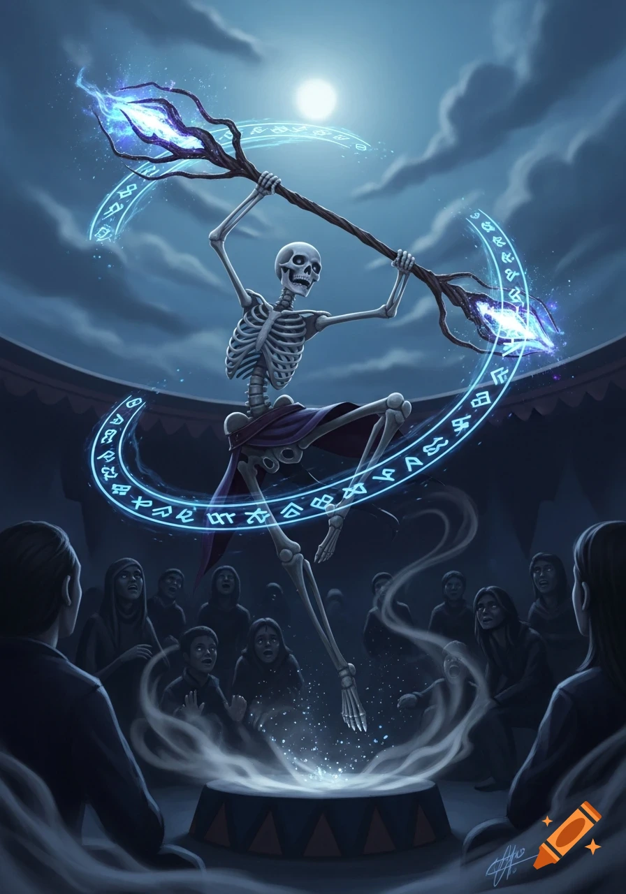 A skeleton magician performs acrobatics with a glowing staff and magic runes before an awestruck crowd under a full moon.