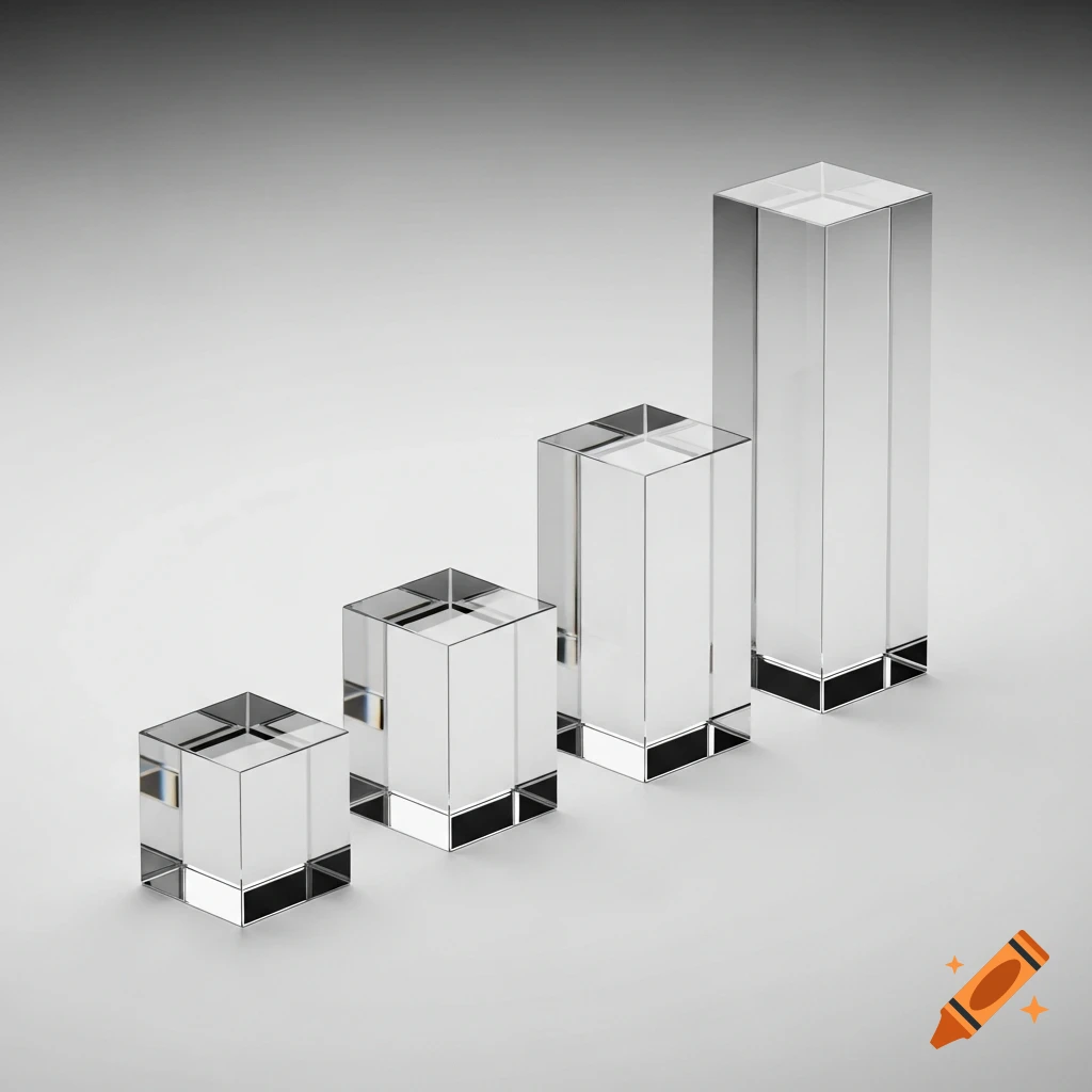 Four clear crystal rectangular prisms of increasing height, arranged like a bar graph on a light gray background.