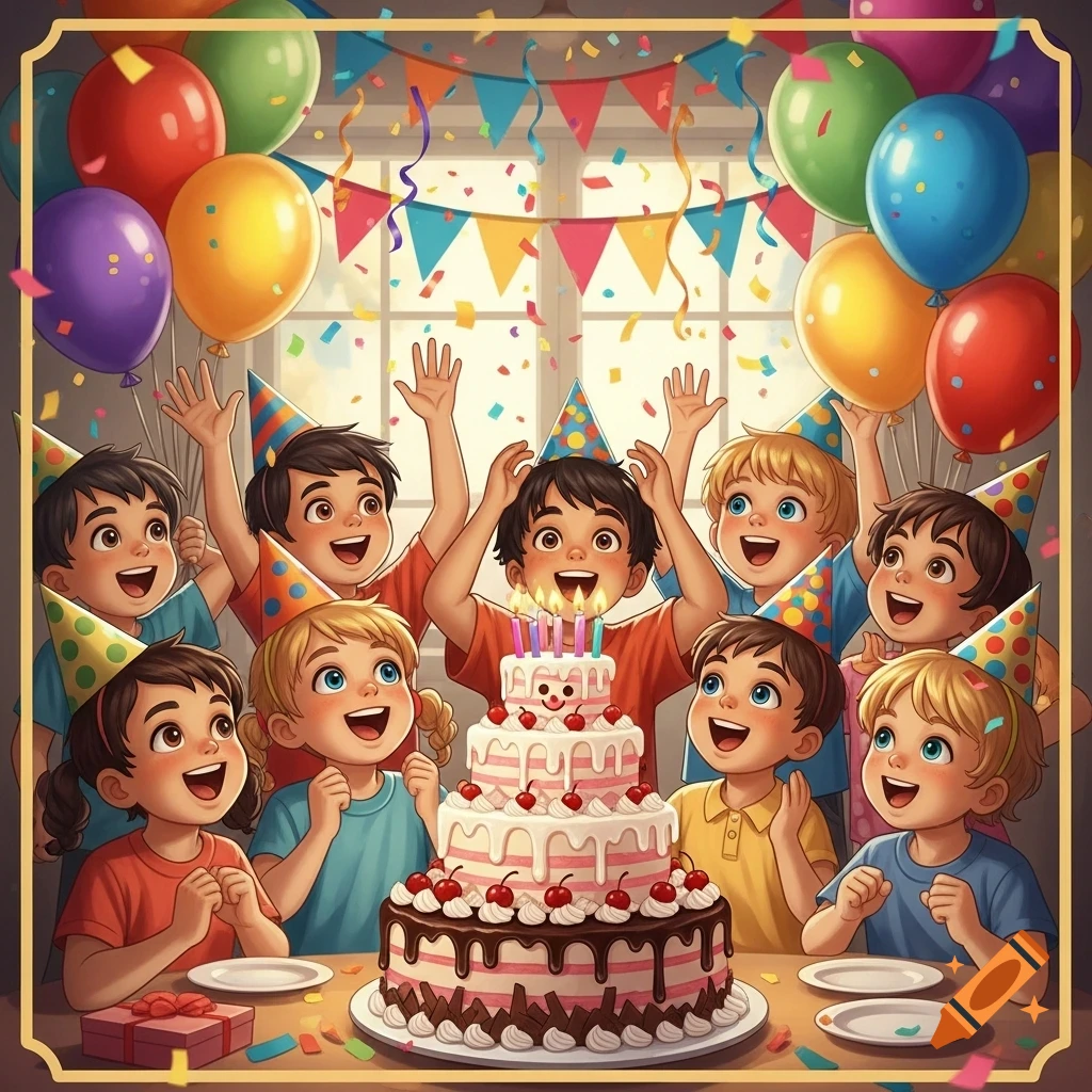 A group of happy cartoon children celebrate a birthday with a large tiered cake, balloons, and confetti.