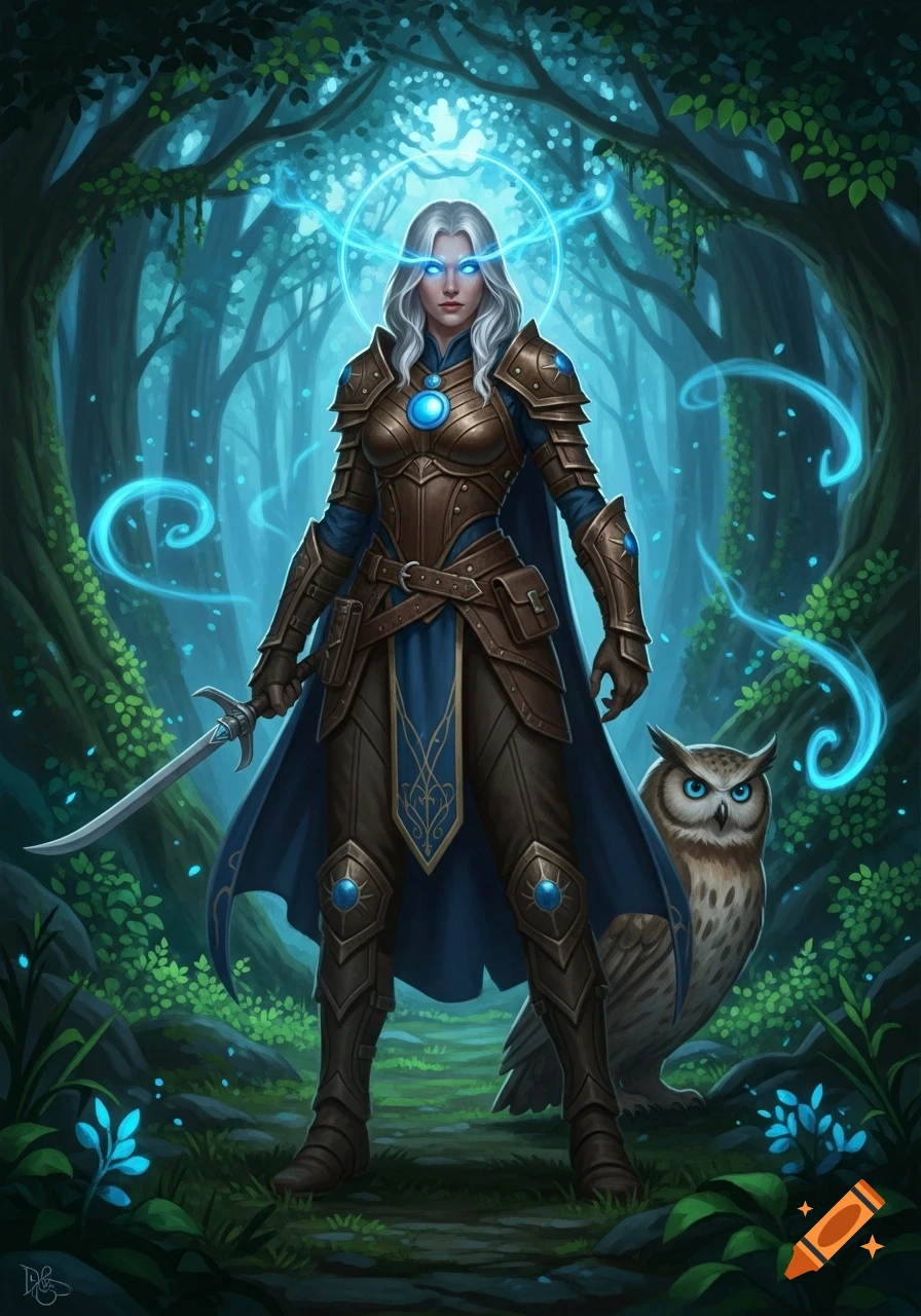 A female aasimar ranger in ornate armor with glowing blue eyes and a glowing halo, standing with an owl in a magical forest. Digital fantasy art.