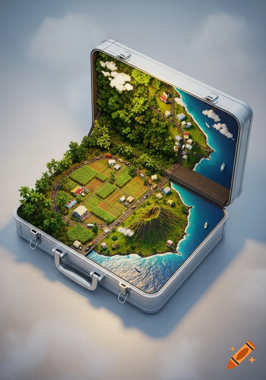 Miniature island landscape with a volcano, coast, roads, houses, farms, and forests inside an open silver suitcase.