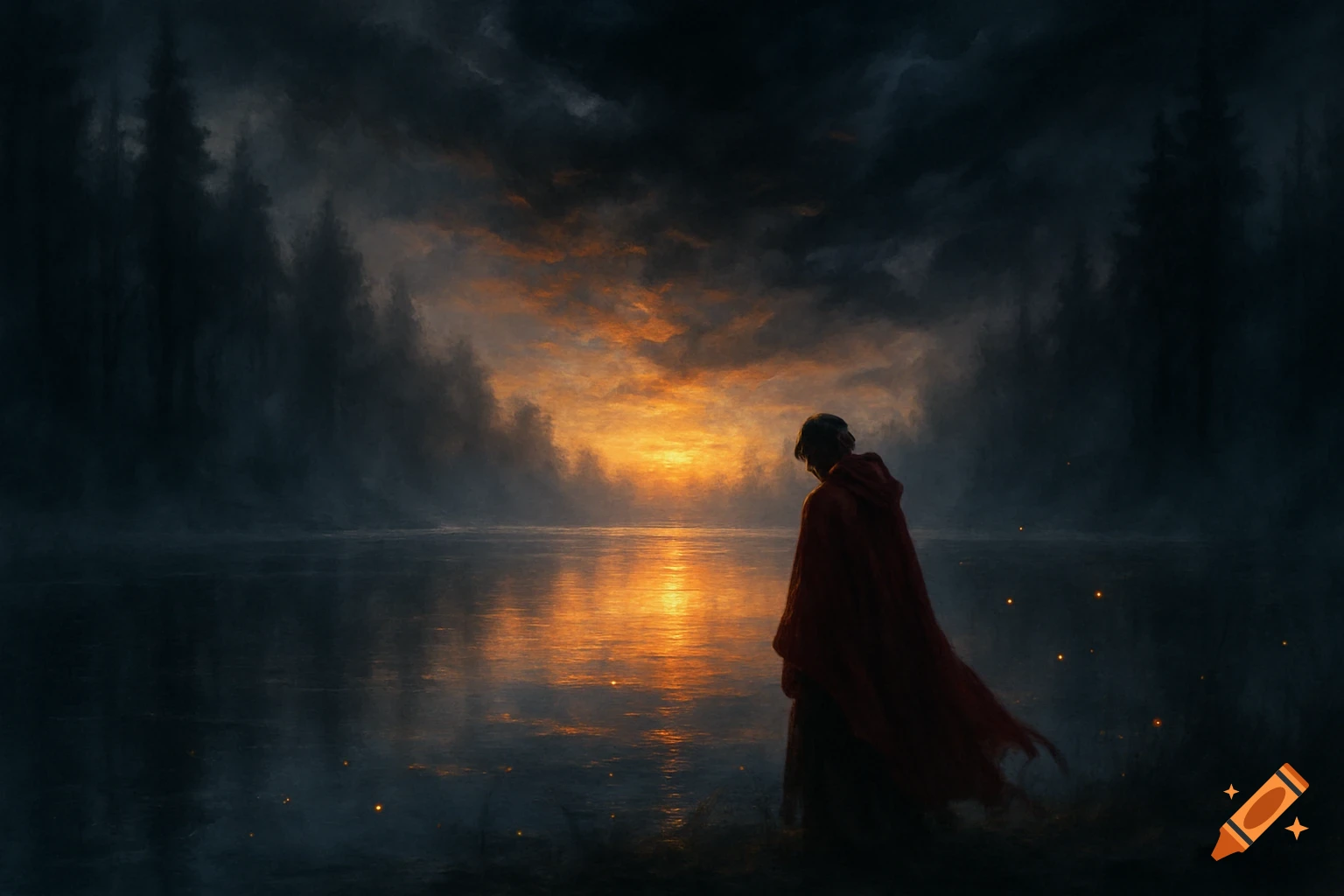 A lone figure in a red cloak stands before a dark lake, gazing at a fiery sunset over a misty forest, in a fantasy art style.