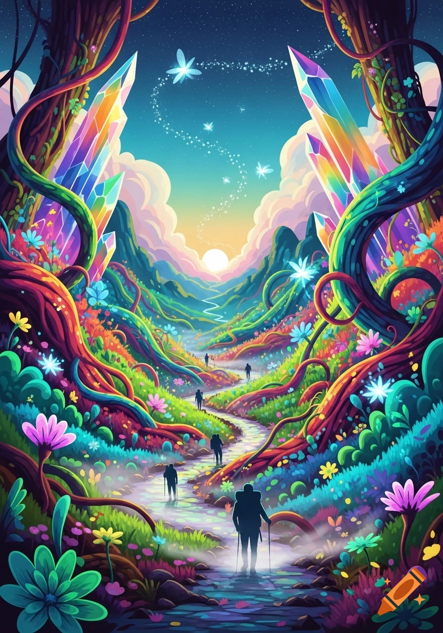 Hikers traverse a winding path through a vibrant, psychedelic fantasy landscape with rainbow crystals, glowing flowers, and starry sky.