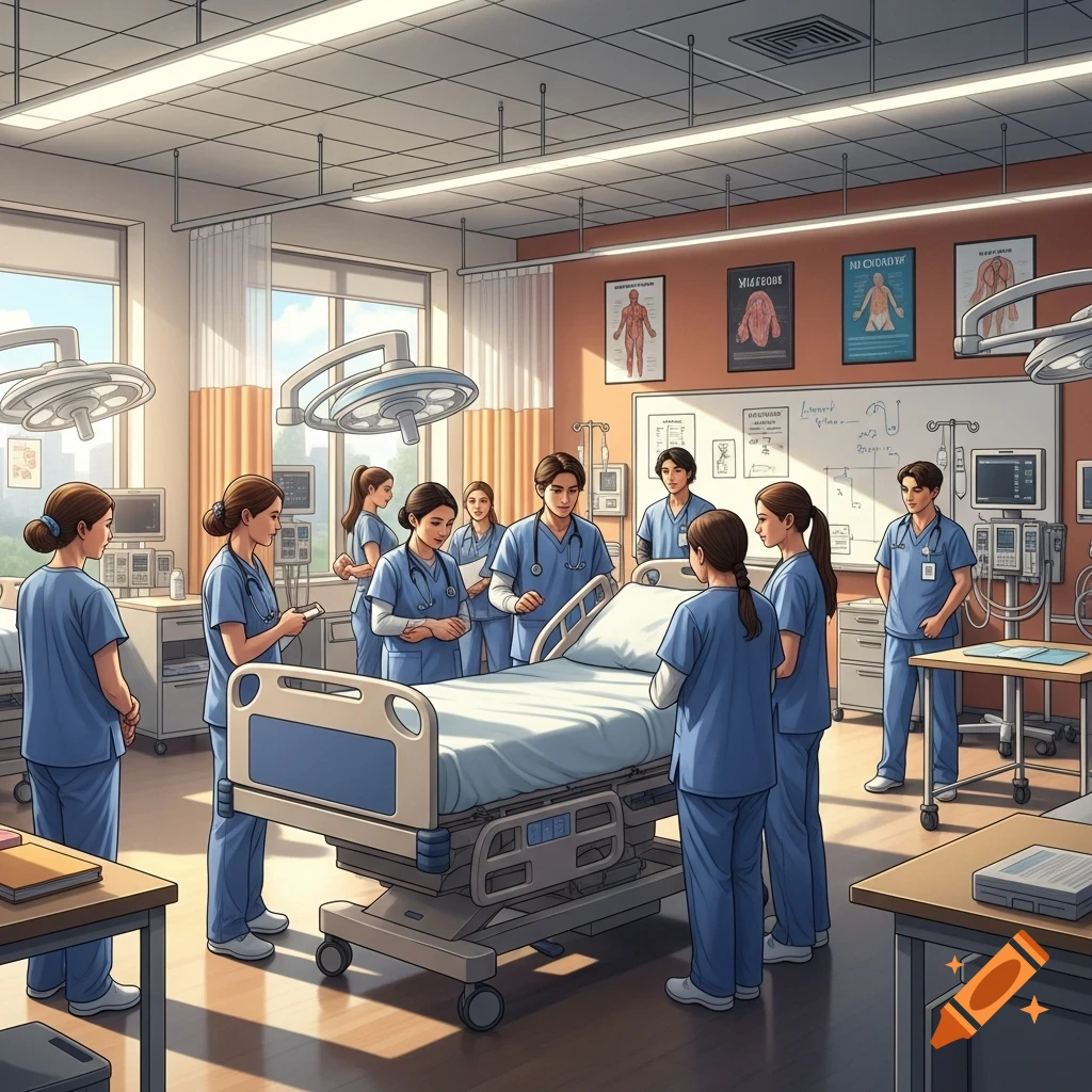 A group of diverse nurses and medical students in blue scrubs gather around a patient bed in a brightly lit training room, some looking at charts.