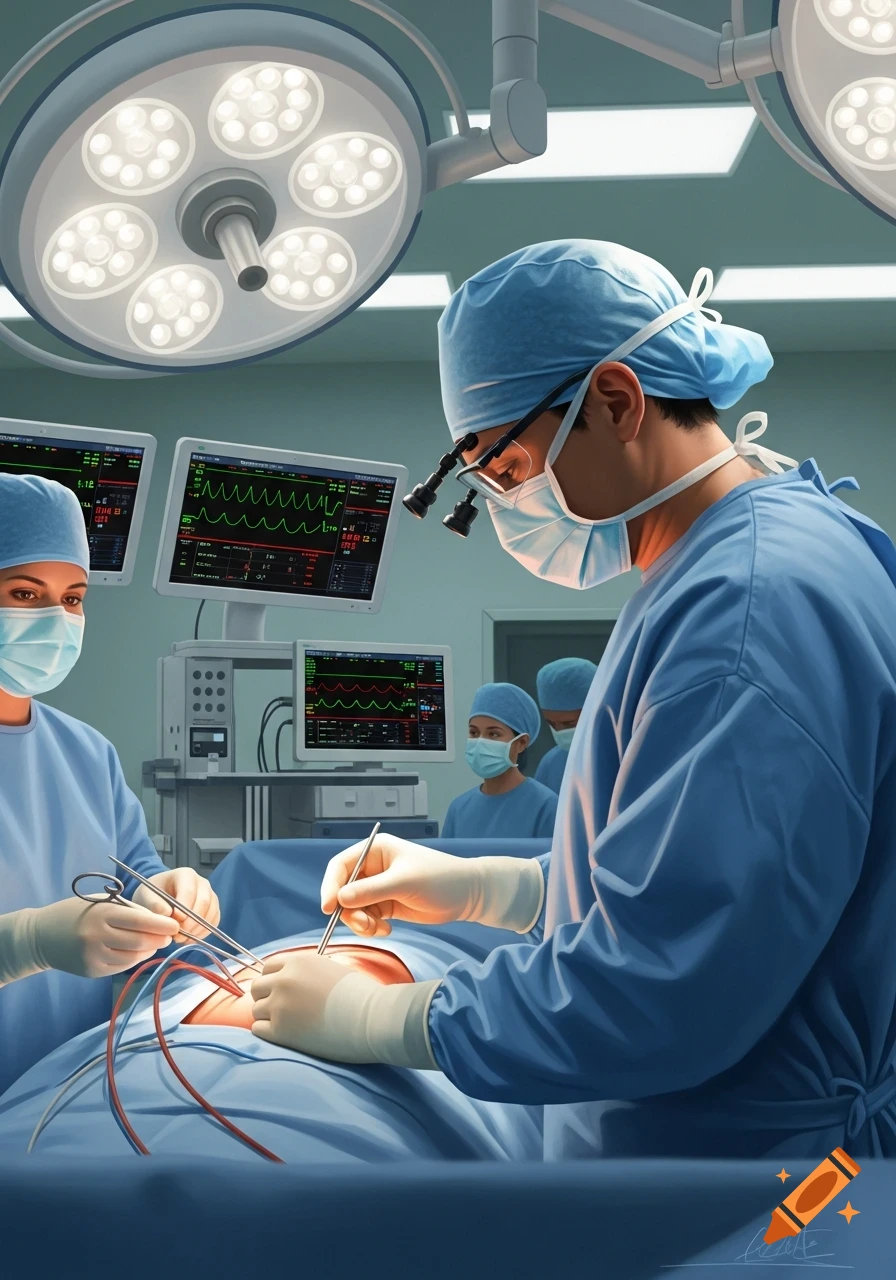 Two surgeons performing an operation in an operating room with medical monitors and bright overhead lights.
