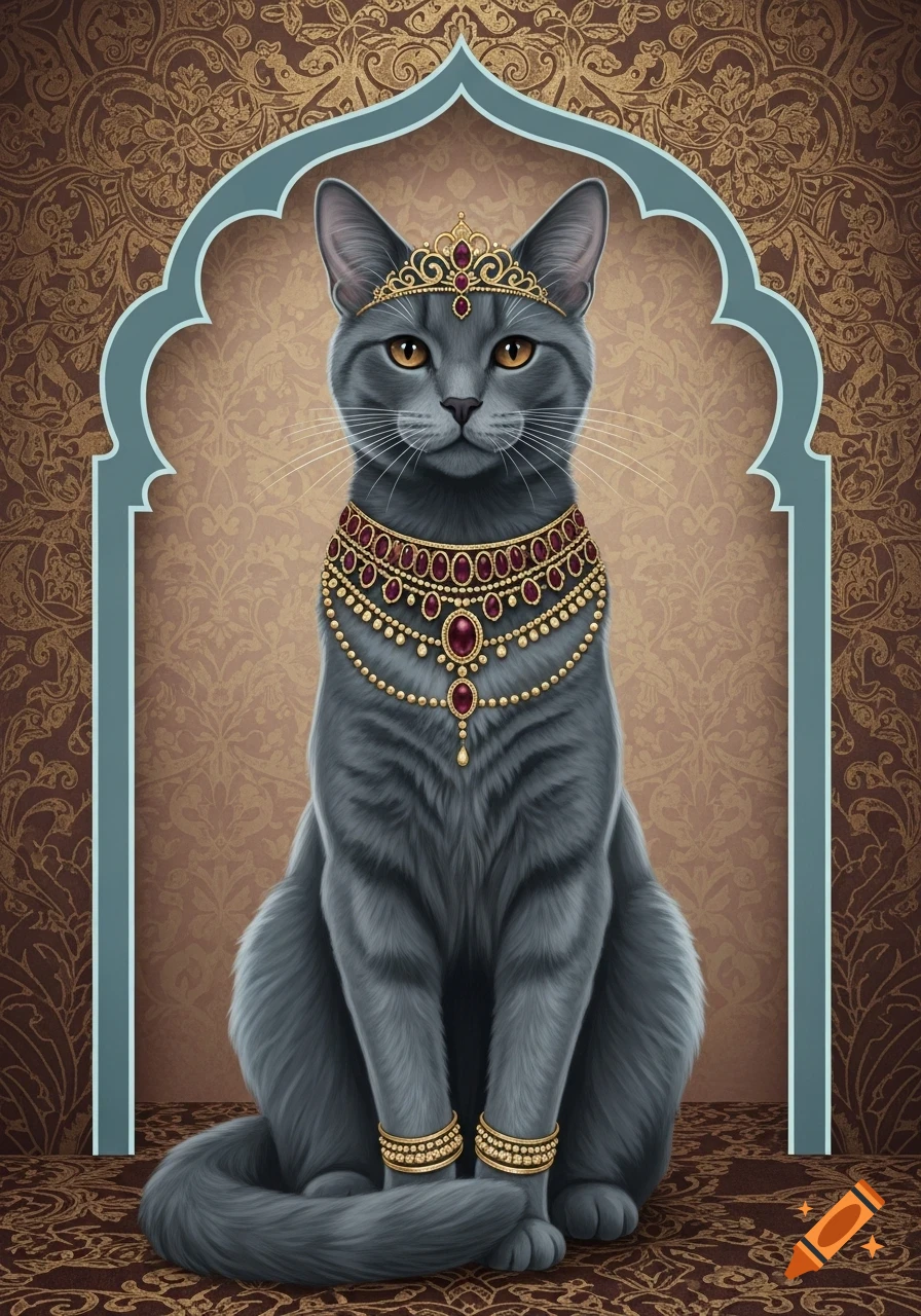 Regal gray cat queen in Indian-style gold and burgundy jewelry, crown, and bracelets, sitting before an ornate arch and patterned background.