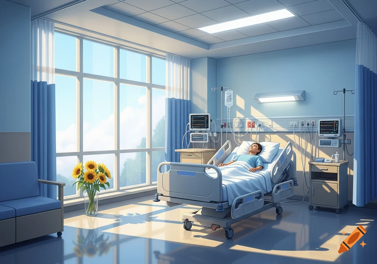 An illustrative scene of a brightly lit hospital room with a patient in bed, medical equipment, and sunflowers by a large window.