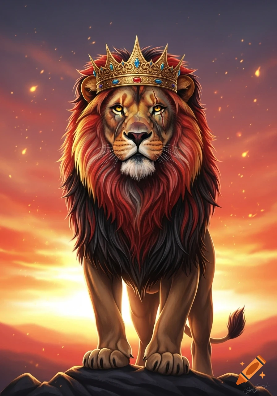 A majestic lion with a golden crown, a face scar, and a vibrant red, black, and gold mane stands on a rock against a fiery sunset.