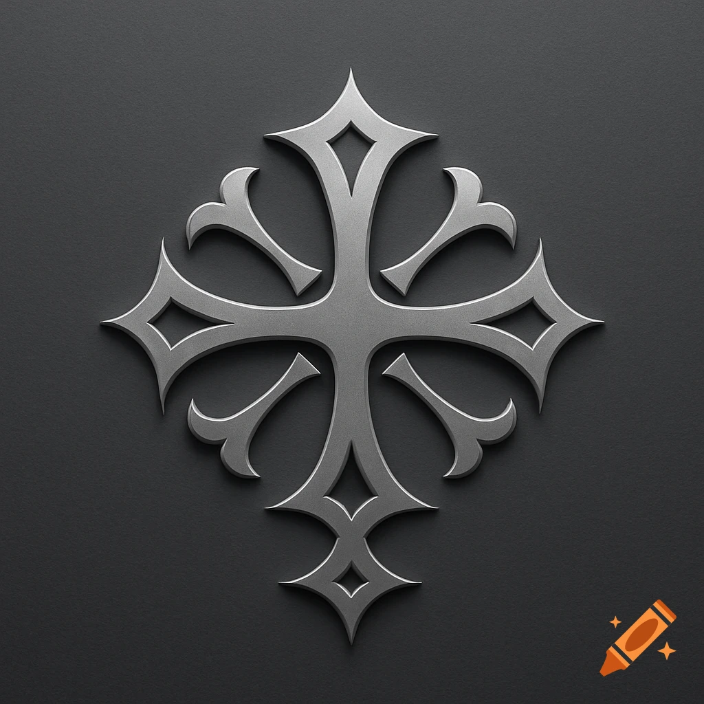 A silver, stylized cross-like emblem with decorative flourishes against a dark gray background, resembling a logo.